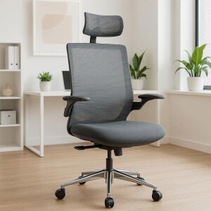 Chaise de bureau ergonomique grise avec support lombaire dans un bureau moderne