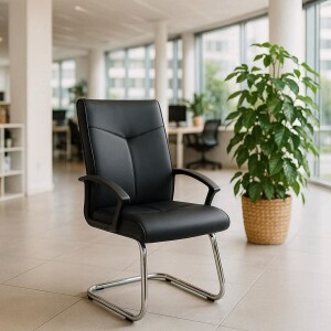 Chaise de bureau moderne en cuir noir dans un espace de travail lumineux