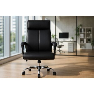 Chaise de bureau ergonomique en cuir noir dans un bureau moderne