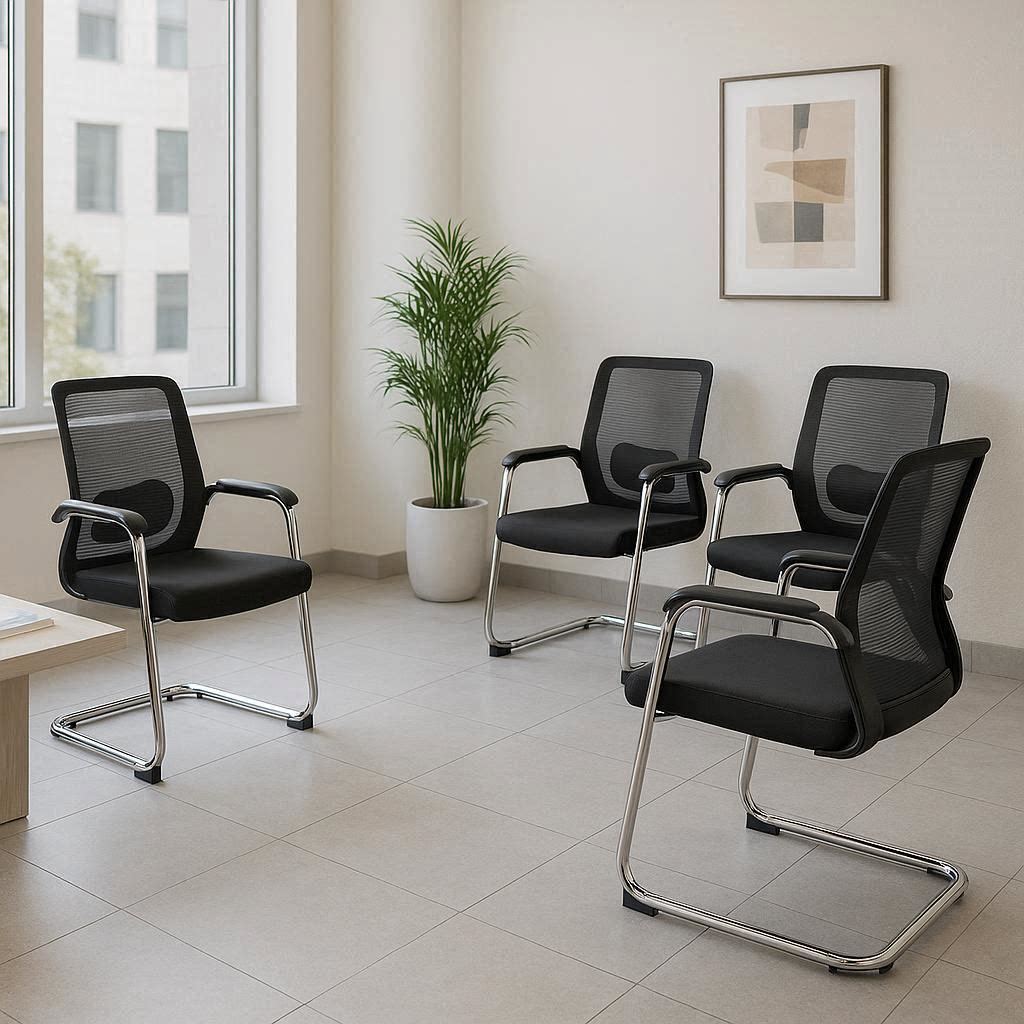 Chaises visiteur CHAISE /F14L en mesh noir avec piètement chromé, disposées dans un bureau. -KIOMA Meuble Premium Maroc Chaises visiteur CHAISE /F14L en mesh noir avec piètement chromé, disposées dans un bureau. -KIOMA Meuble Premium Maroc