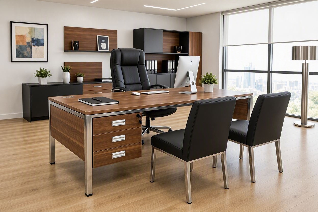 Bureau Responsable BUR160R-MG en mélaminé imitation bois et métal gris. -KIOMA Meuble Premium Maroc Bureau Responsable BUR160R-MG en mélaminé imitation bois et métal gris. -KIOMA Meuble Premium Maroc