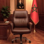 Fauteuil présidentiel en cuir marron CHAISE /F45P avec drapeau marocain et portrait. -KIOMA Meuble Premium Maroc