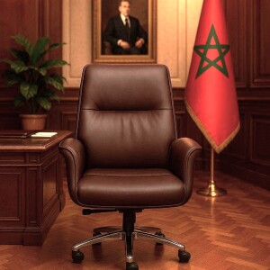 Fauteuil présidentiel en cuir marron CHAISE /F45P avec drapeau marocain et portrait. -KIOMA Meuble Premium Maroc