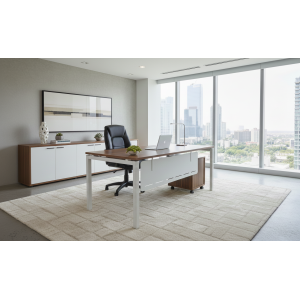 Bureau Responsable RIM-DESK-160 en MDF et aluminium, avec fauteuil de bureau noir. -KIOMA Meuble Premium Maroc