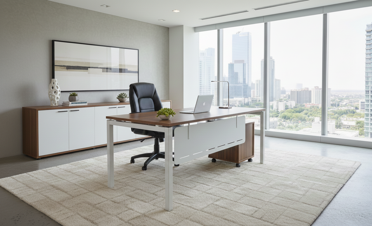 Bureau Responsable RIM-DESK-160 en MDF et aluminium, avec fauteuil de bureau noir. -KIOMA Meuble Premium Maroc Bureau Responsable RIM-DESK-160 en MDF et aluminium, avec fauteuil de bureau noir. -KIOMA Meuble Premium Maroc